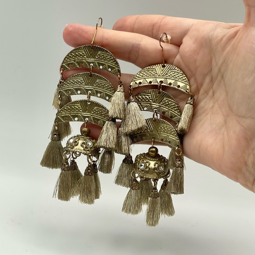 Boho Chandelier Bell Shape Statement Tassel Dangle Pierced Gold Tone Earrings